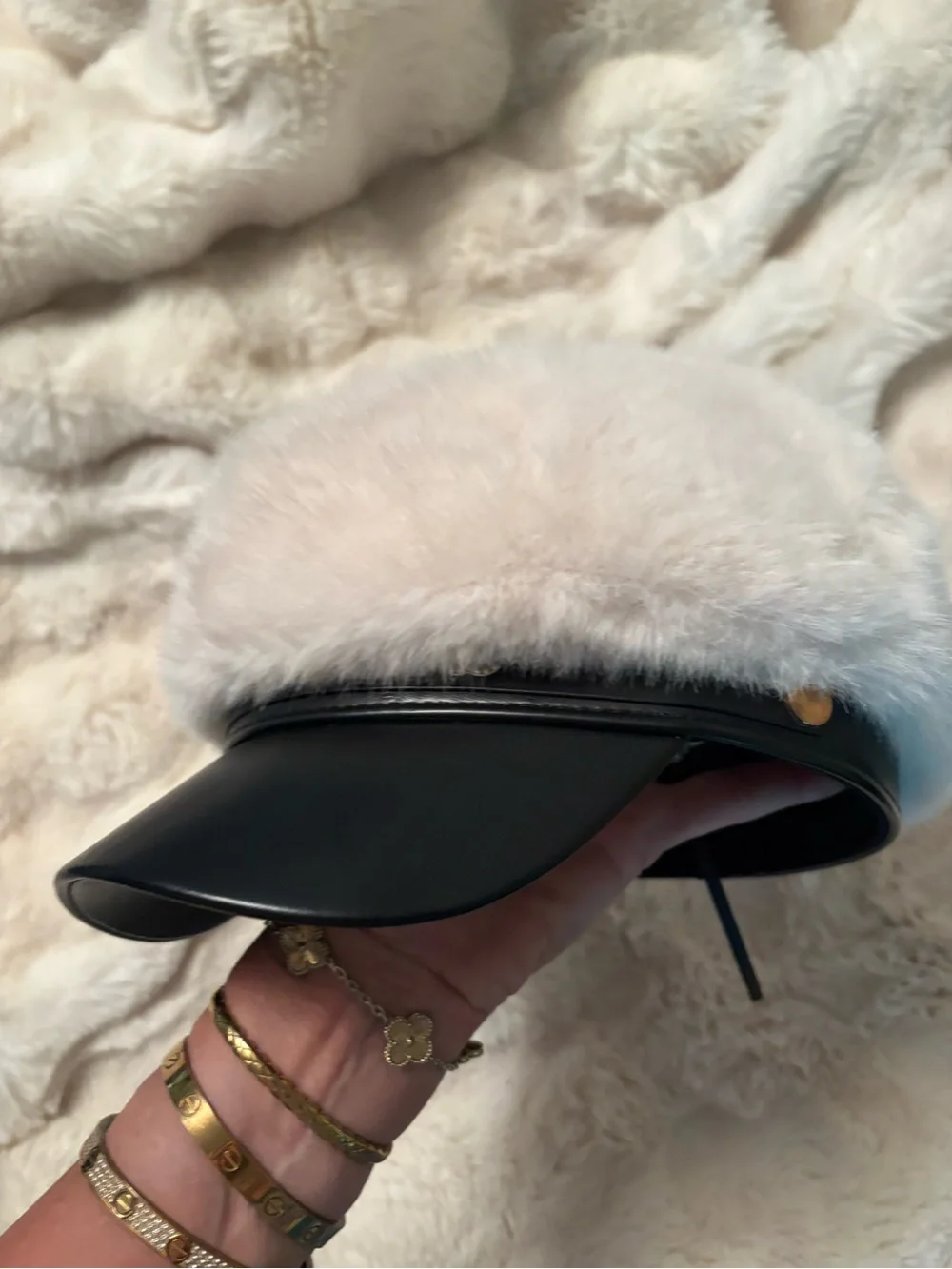 FASHION Black Leather like Baker Boy Cap with Cream Fur Trim